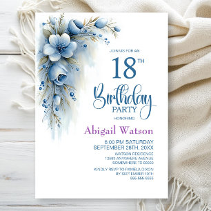 Blue Floral 18th Birthday Party Invitation