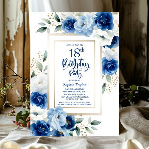 Blue Floral 18th Birthday Party Invitation
