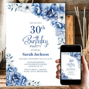 Blue Floral 30th Birthday Party Invitation