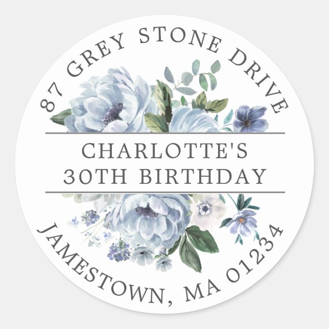 Blue Floral 30th Birthday Return Address Label (Front)