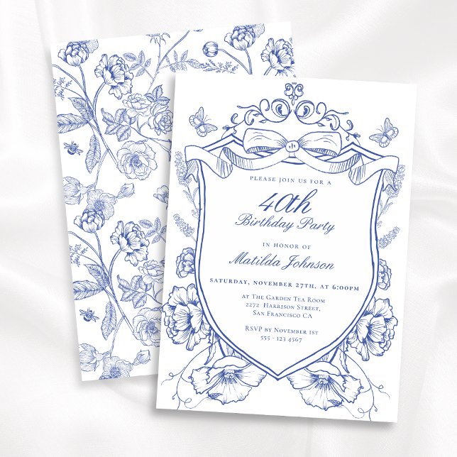Blue Floral 40th Birthday Party Invitation (Blue Floral 40th Birthday Party Invitation)