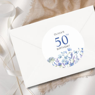 Blue Floral 50th Birthday  Classic Round Sticker