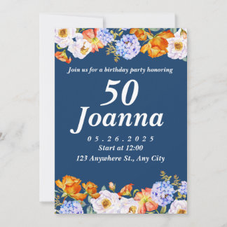 Blue Floral 50th Birthday Invitation