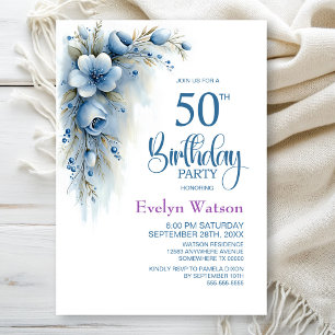Blue Floral 50th Birthday Party Invitation