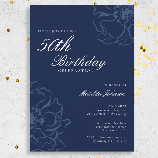 Blue Floral 50th Birthday Party Invitation (Blue Floral 50th Birthday Party Invitation)