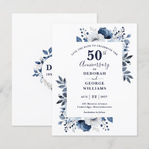 Blue Floral 50th Wedding Anniversary Save The Date Postcard