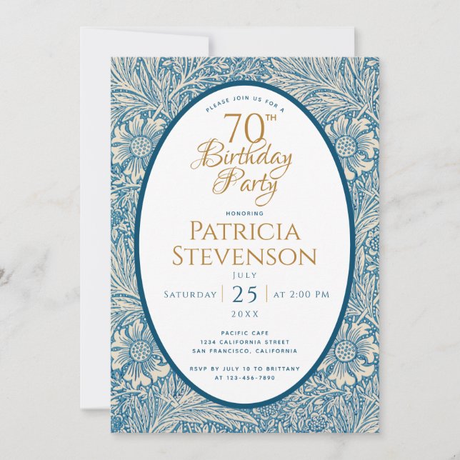 Blue Floral 70th Birthday Marigold William Morris Invitation (Front)