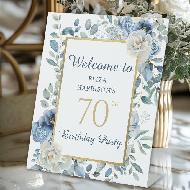 Blue Floral 70th Birthday Party Welcome Pedestal Sign (Creator Uploaded)