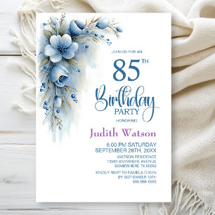 Blue Floral 85th Birthday Party Invitation