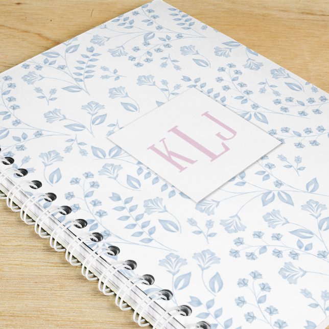 Blue Floral 8.5" x 11" Spiral Notebook (Blue floral chic monogram notebook.)