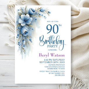 Blue Floral 90th Birthday Party Invitation
