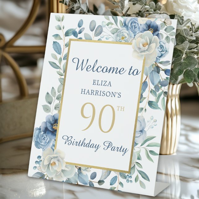 Blue Floral 90th Birthday Party Welcome Pedestal Sign (Creator Uploaded)