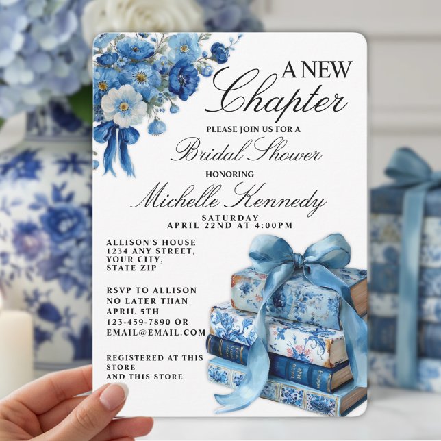 Blue Floral A New Chapter Bridal Shower  Invitation (Creator Uploaded)