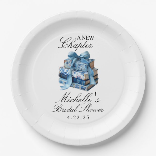 Blue Floral A New Chapter Bridal Shower  Paper Plate (Front)