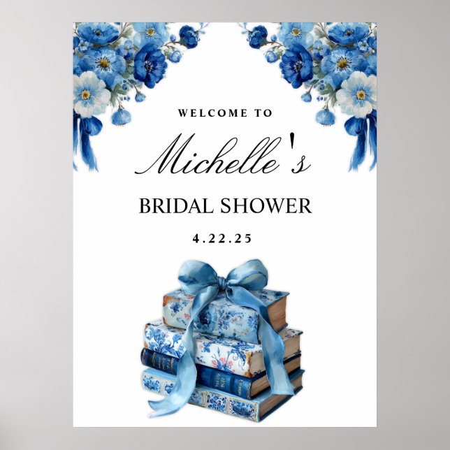 Blue Floral A New Chapter Bridal Shower Sign (Front)