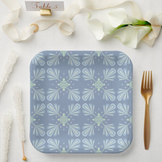 Blue Floral Abstract Pattern Paper Plate (Wedding)
