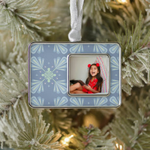 Blue Floral Abstract Pattern Silver Plated Framed Ornament