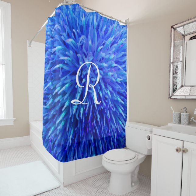 Blue Floral Abstract, White Monogram,  Shower Curtain (In Situ)