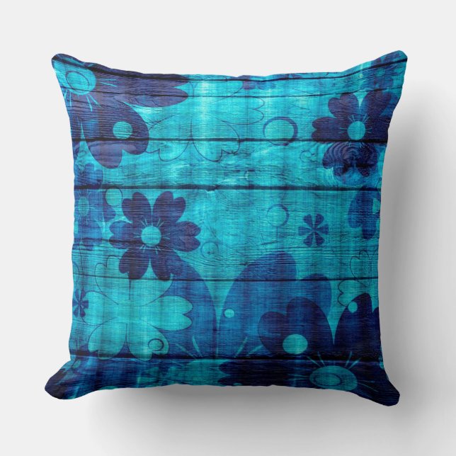 Blue Floral Abstract Wood Cushion (Front)