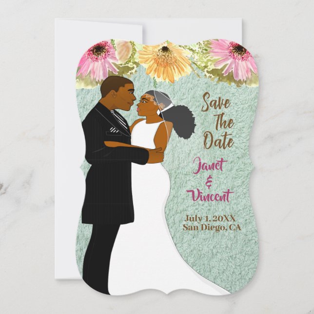 Blue Floral African American Couple Save-The-Date (Front)