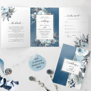 Blue Floral All in One Wedding with RSVP Tri-Fold Invitation