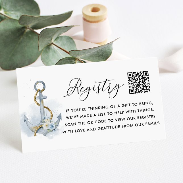 Blue Floral Anchor Baby Shower QR Code Registry Enclosure Card (Baby Shower QR code registry card featuring watercolor floral anchor with blue and white flowers.)