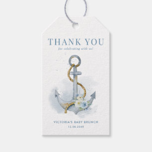 Blue Floral Anchor Nautical Baby Brunch Thank You Gift Tags