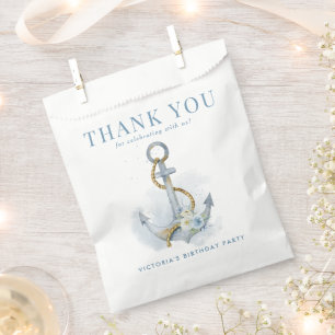 Blue Floral Anchor Nautical Birthday Thank You Favour Bag