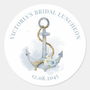 Blue Floral Anchor Nautical Bridal Luncheon Classic Round Sticker