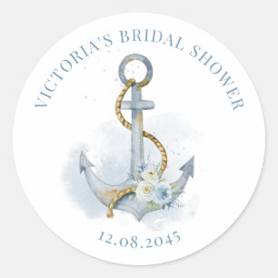 Blue Floral Anchor Nautical Bridal Shower Classic Round Sticker