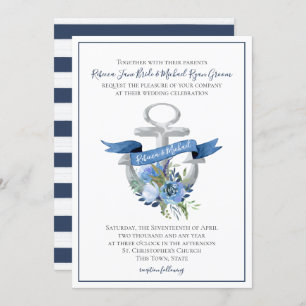 Blue Floral Anchor Nautical Watercolor Wedding Inv Invitation