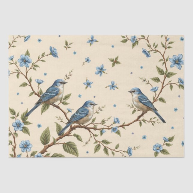 Blue Floral and Bird Design Decoupage  Tissue Paper (Front)