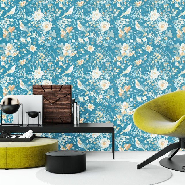 Blue Floral and Birds Pattern Wallpaper (wallpaper)