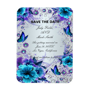 Blue Floral And Butterfly Save The Date Magnet