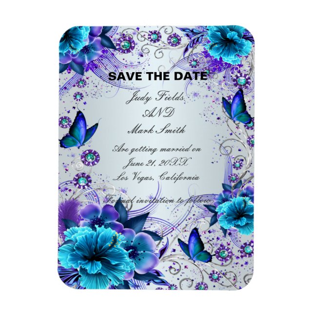 Blue Floral And Butterfly Save The Date Magnet (Vertical)