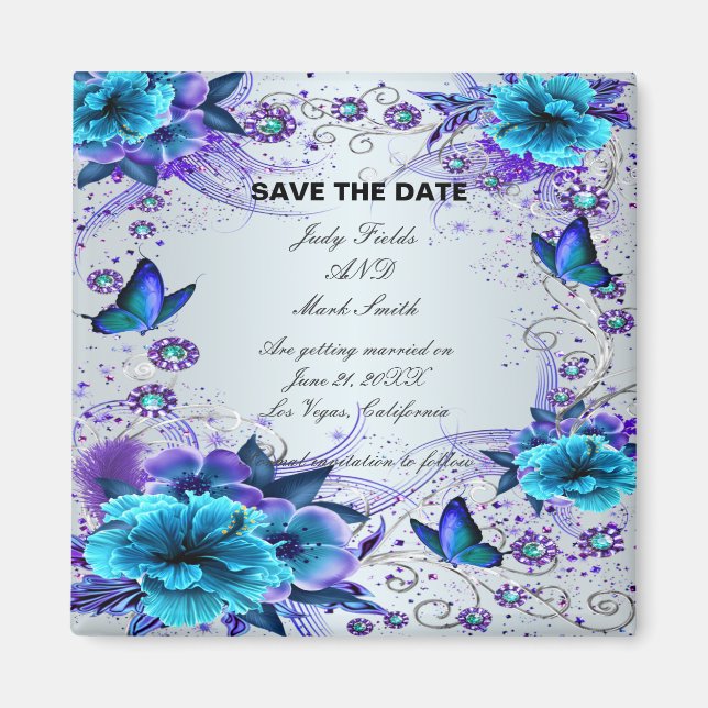Blue Floral And Butterfly Save The Date Magnet (Front)