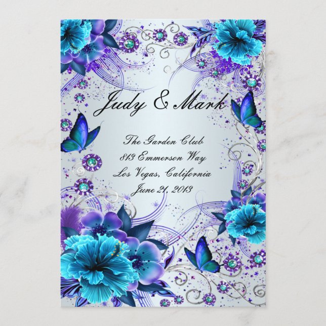 Blue Floral And Butterfly Wedding Menu Card (Front)