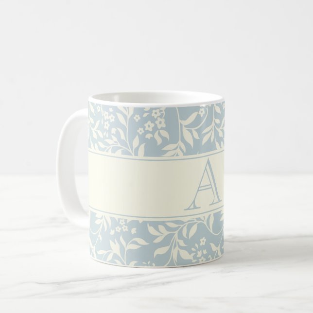 Blue Floral and Foliage Monogram Coffee Mug (Front Left)