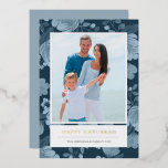 Blue Floral and Gold Hanukkah Photo Foil Holiday Card<br><div class="desc">Dark blue floral design by Shelby Allison. Personalise this Hanukkah photo card with your picture and real gold foil printing.</div>
