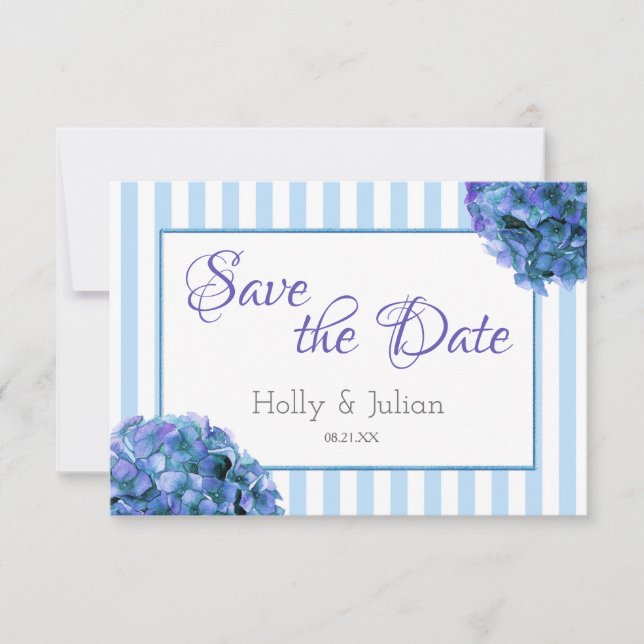 Blue Floral and Stripe Save the Date Card (Front)