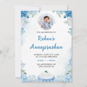Blue Floral Annaprashan Photo Invitation