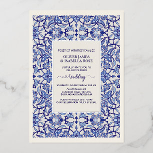 Blue Floral Arabesque Wedding Invitation - Foil