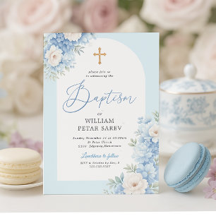 Blue Floral Arch Baptism Invitation with Gold Cros