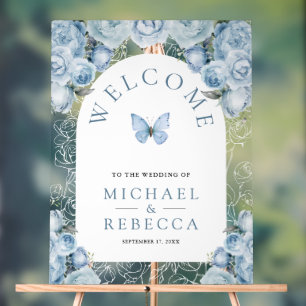 Blue Floral Arch Butterfly Wedding Welcome Acrylic Sign