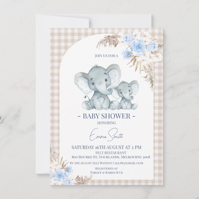 Blue Floral Arch Elephant Baby Shower Invitation (Front)