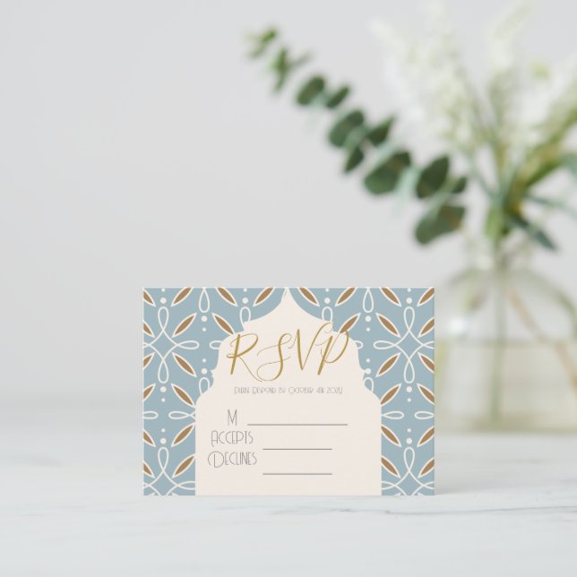 Blue Floral Arch Indian Wedding RSVP Card (Standing Front)