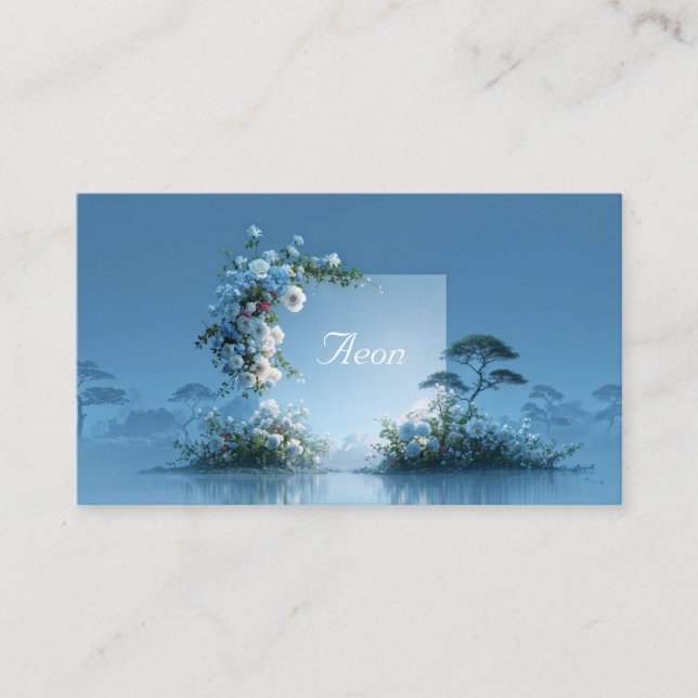 Blue Floral Arch Misty Waterscape Minimalist Business Card (Front)