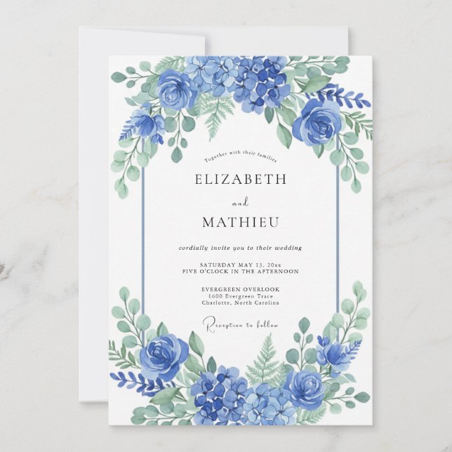 Blue Floral Arch Romance Wedding Invitation (Front)