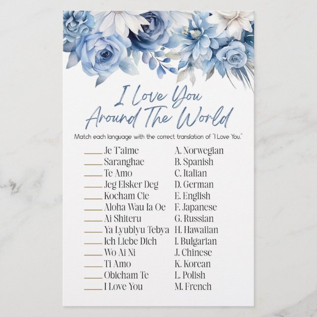 Blue Floral Around The World Bridal Shower Game  Stationery (Front)