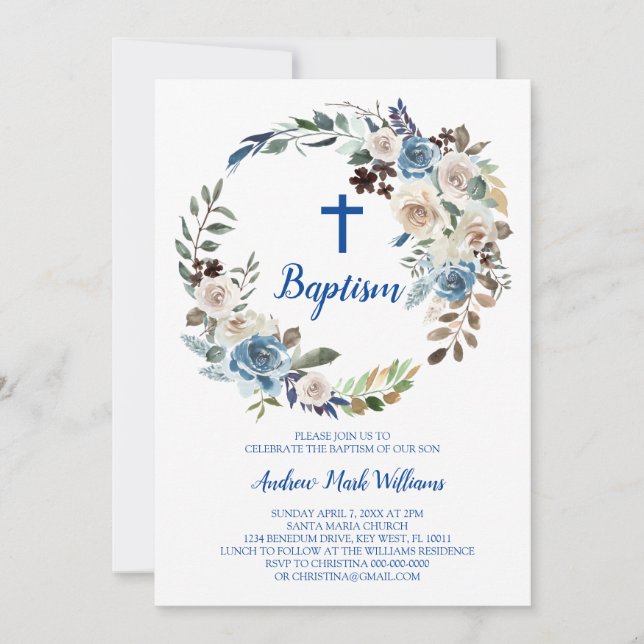 Blue Floral Baby Boy Baptism Invitation (Front)
